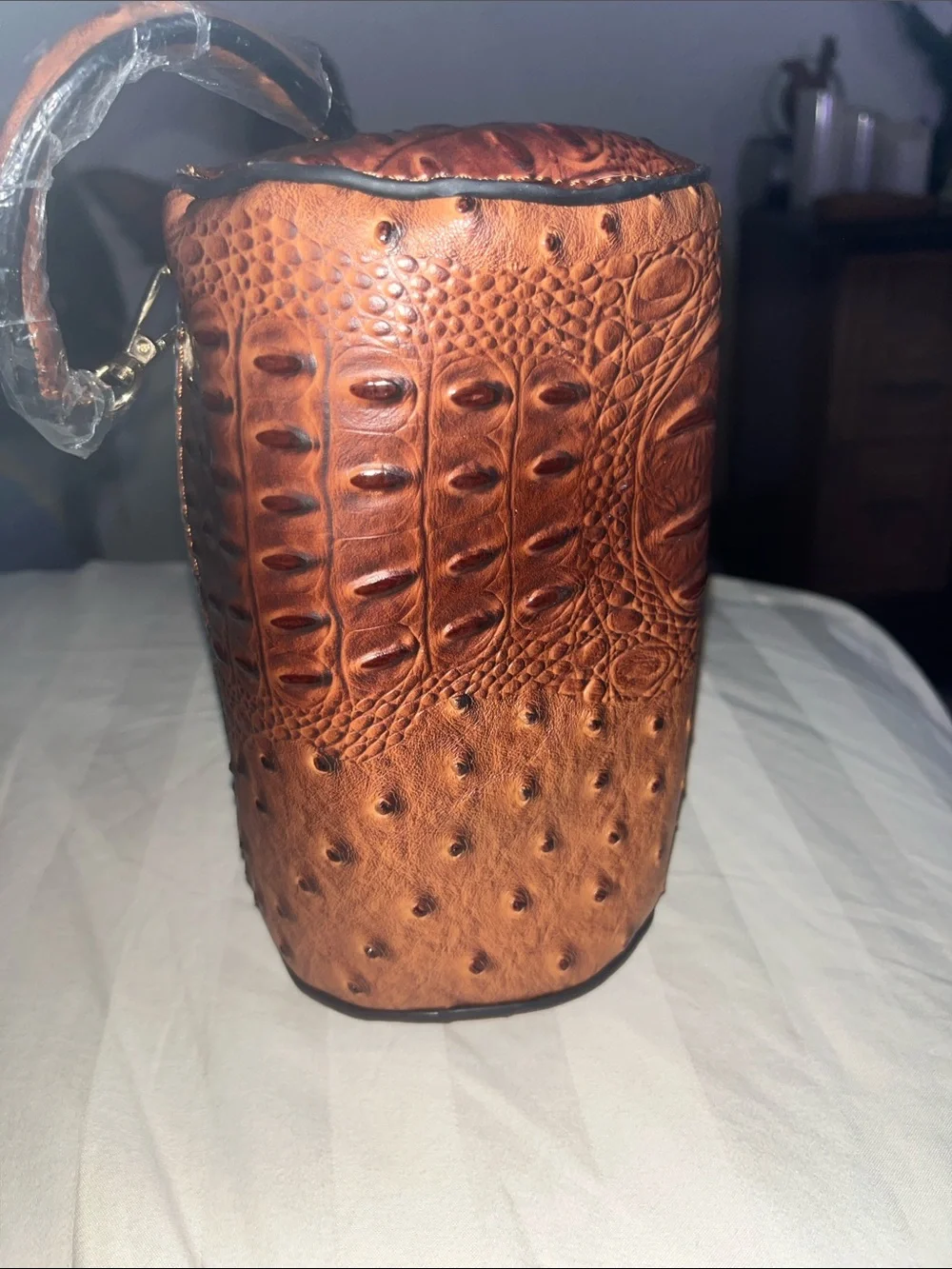 Women's Ostrich-Texture Wristlet Clutch in Cognac